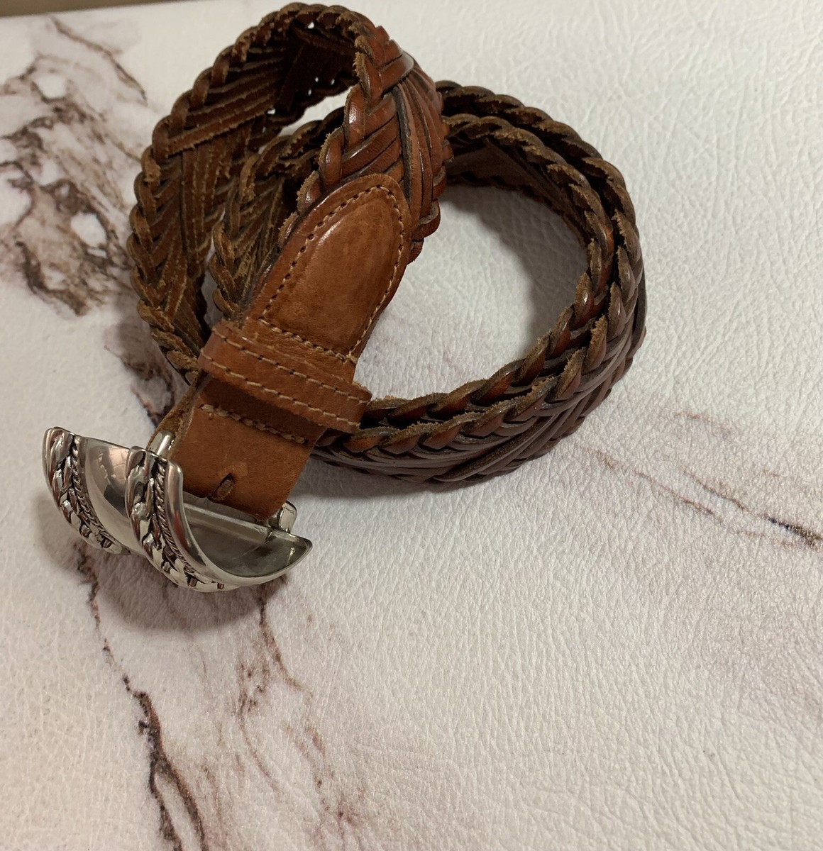 ANN TAYLOR WOMENS SMALL BELT BROWN GENUINE LEATHER SILVER  display picture 3