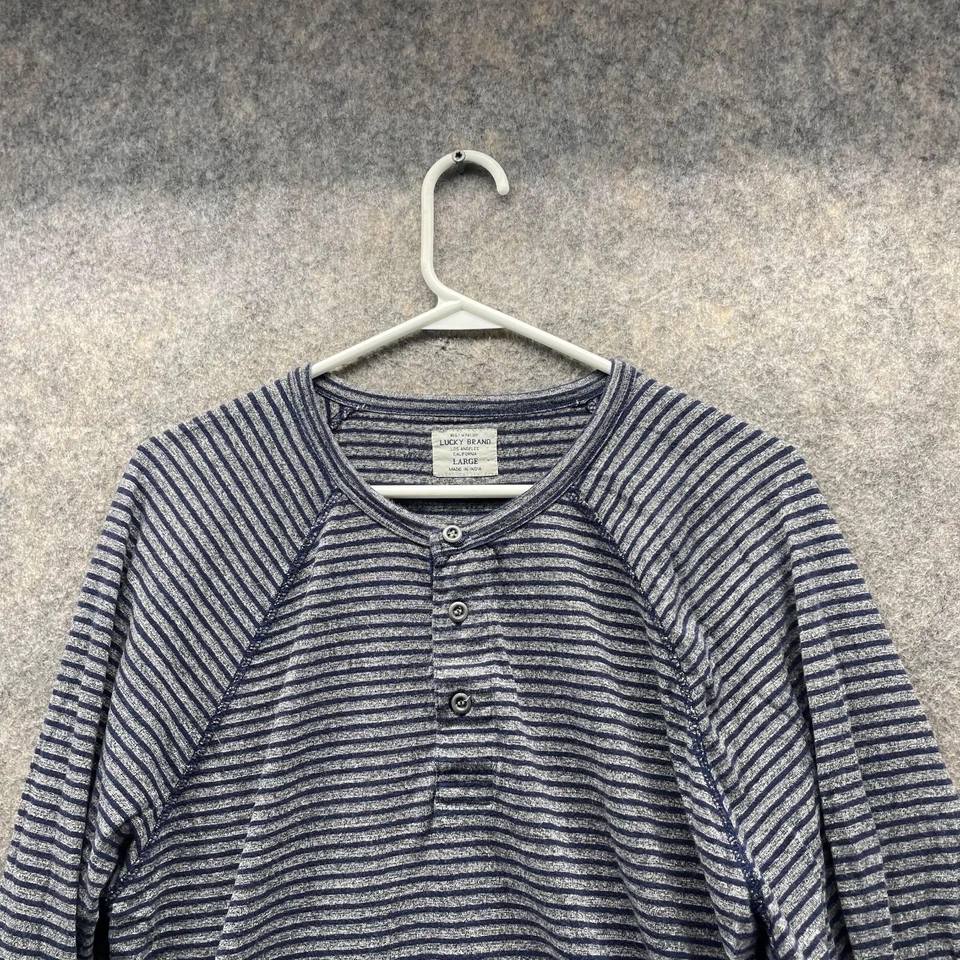 Lucky Brand Shirt Women Large Henley Gray Blue Striped Outdoors Long Sleeve Foto 2 de 4