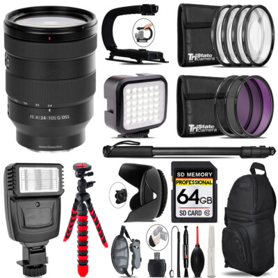 Sony FE 24-105mm f/4 G OSS Lens- Video Kit +  Flash-64GB Accessory Bundle