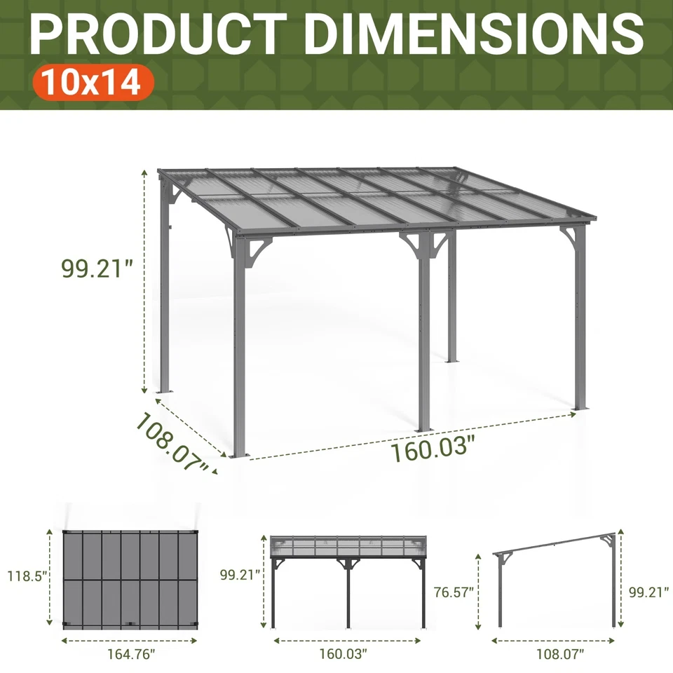 Gazebo montado en la pared de 10x14 pies, pérgola empalmable, marco de aluminio para patio, gris Foto 2 de 4