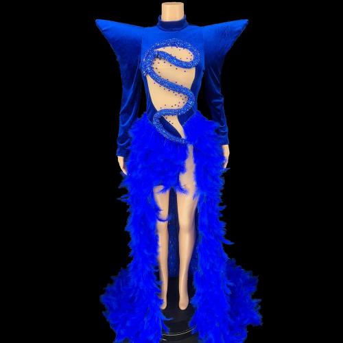 Women Evening Party Dress Sparkly Rhinestones Feathers Train Dress Stage Wear