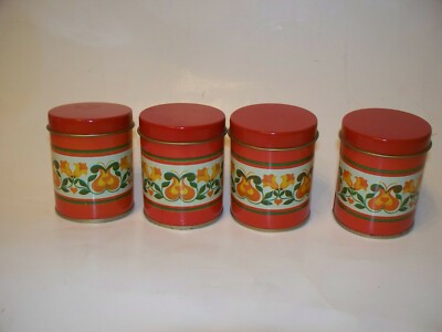 Four (4) Vintage Floral Red Small Tin Canister with Lid 2.50 x 2 Made in Brazil 