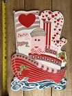 Vintage Peck Flocked Valentine Die Cut Paper Wall Decoration Tugboat Fish Hearts