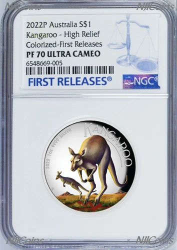 2022 Australia Colored HIGH RELIEF 1oz Silver Kangaroo $1 Coin NGC PF70