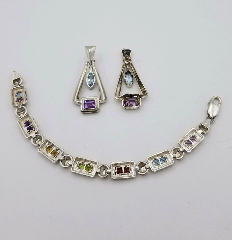 Sterling Silver Multi-gemstone Bracelet Purple Blue Yellow Green Earring Set - Image 3 of 4