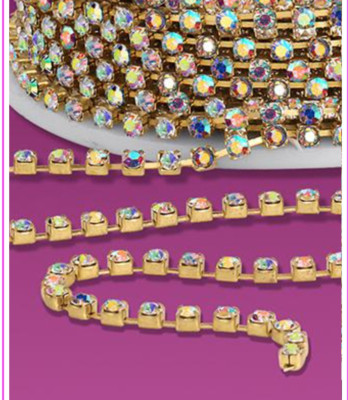 PRECIOSA CRYSTAL AB RHINESTONE SS8.5 & SS12 GOLD CUP CHAIN 50 YARDS SPOOL