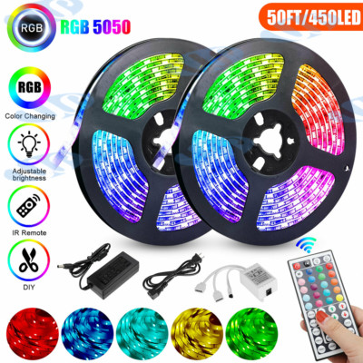 50FT 15M RGB 5050 Flexible LED Strip light SMD 44 Key Remote 12V Power ...