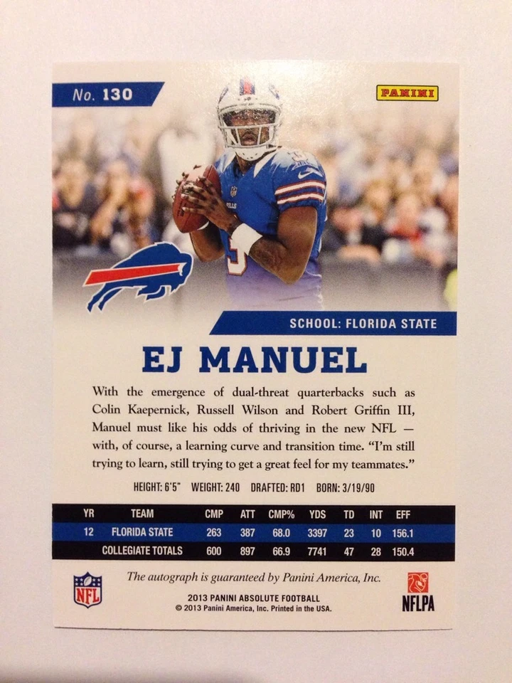 EJ Manuel Auto #27/30 Red Spectrum 2013 Panini Absolute Football Autograph RC - Image 2 of 2