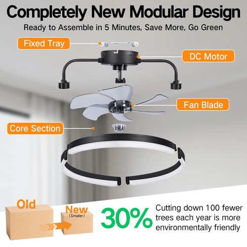 OUTON 20" Ceiling Fan with Light, Remote & App Control, Fandelier Low Profile... - Picture 6 of 9