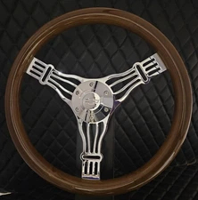 15" Chrome Banjo Steering Wheel w/ Wood Grip, Chevy Horn, &  69-94 GM adapter