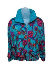 Vintage Lavon Turquoise Multicolor Print Windbreaker Jacket Size Small 80s Style