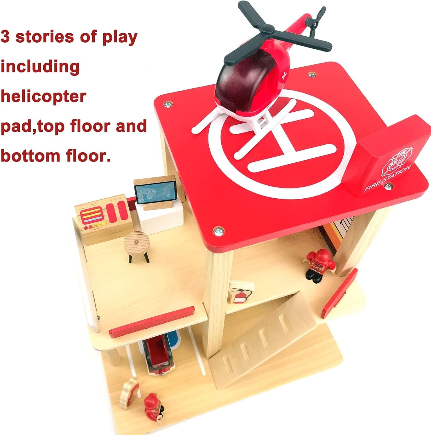 Wooden Fire Station Playset with Figures, Truck, Helicopter for Kids 3+