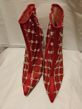 Women s Red Rhinestone Ankle Bootie Side Zip Pointed Toe Stiletto Heel