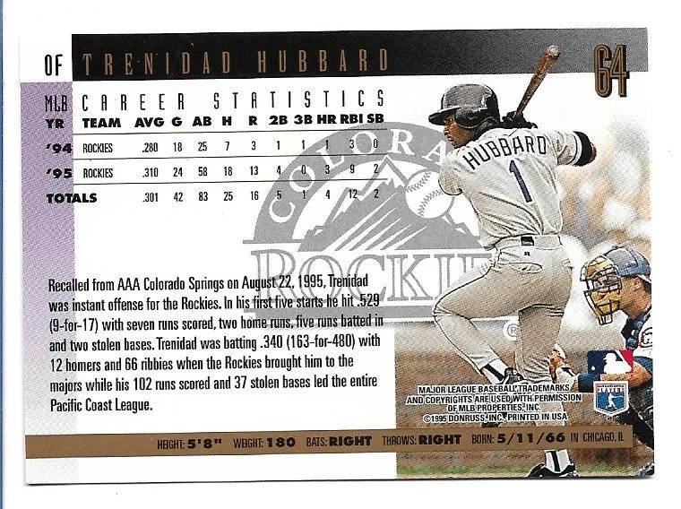 Trenidad Hubbard 1996 Donruss Press Proof #64 - Colorado Rockies - Image 2 of 2