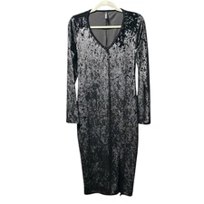 Viereck Dress L Black Crushed Velvet Witchy Goth Long Sleeve V Neck Slit Maxi