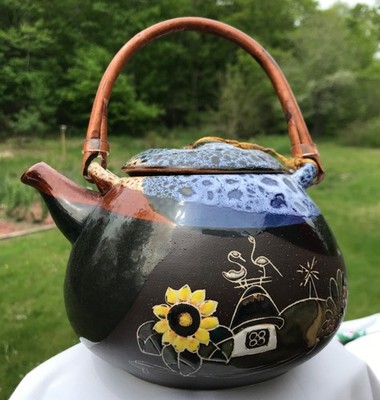 Teapot dark glazed body w/ hand-painted folk art scenes,  Ceramic Artisan Made 