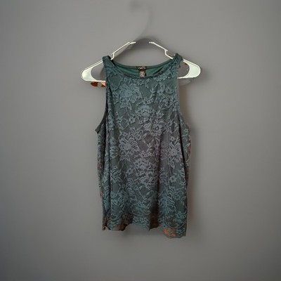 rue21 Green Floral Lace Lined Stretch Tank Top Round Neck Sleeveless L