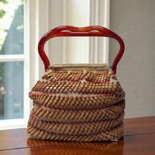 Crocheted Purse W/ Wooden Beads Lucite Handle And Bottom 1940s 1950s MCM