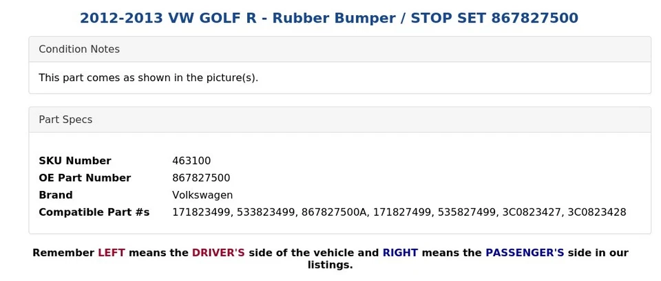 2012-2013 VW GOLF R - Rubber Bumper / STOP SET 867827500 - Image 3 of 3