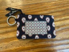 VERA BRADLEY CLASSIC BLACK WALLET TEARDROP PAISLEY FLOWER Keychain ID Holder