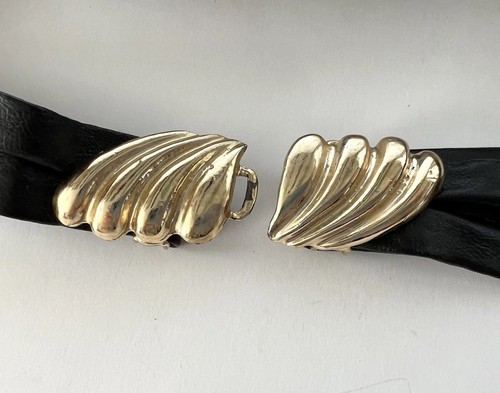 Vintage Black Soft Vegan Faux Leather Belt Gold Buckle Cinch Waist Fits S M L - Picture 3 of 5