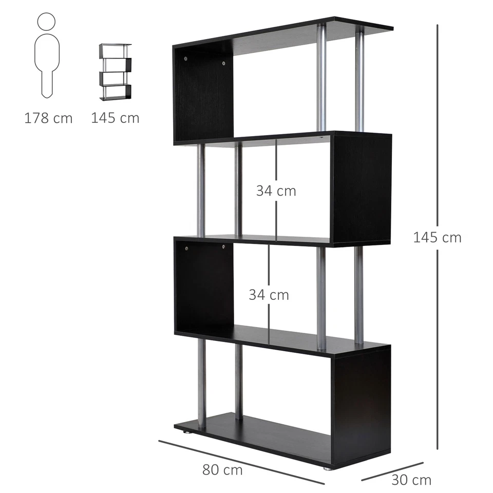 HOMCOM Libreria Design Moderna 4 Ripiani in Legno e Ferro 80×30×145cm Nera - Immagine 4 di 4
