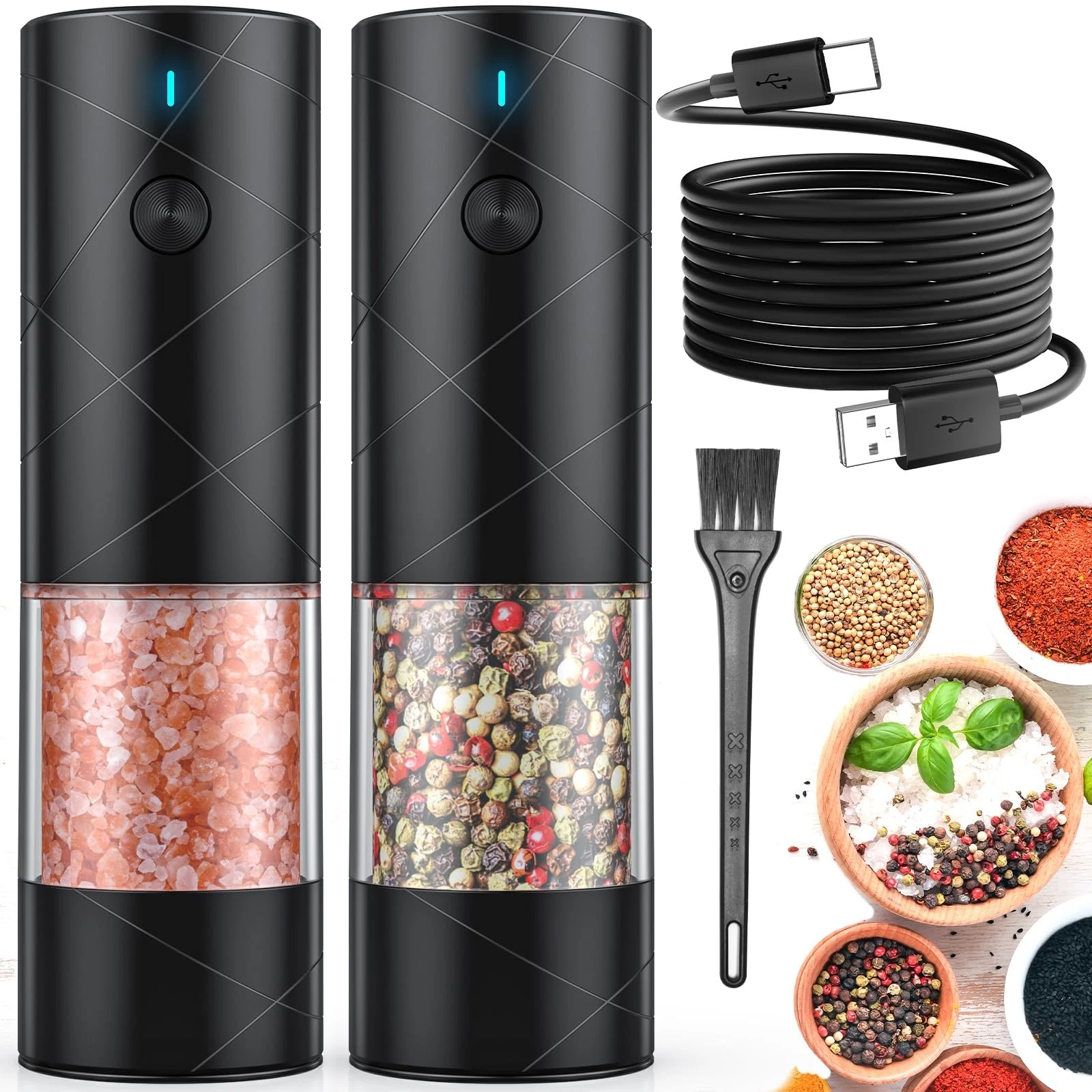 2Pack Electric Salt and Pepper Grinder Set USB Rechargeable with Warm LED Lig...