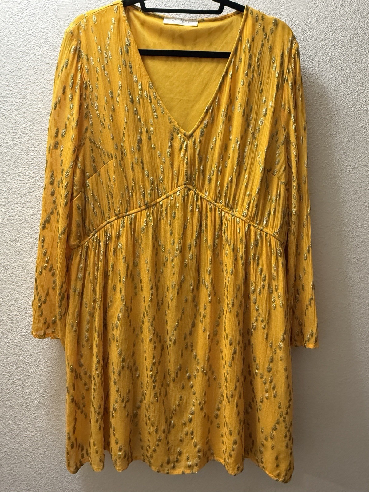A Beautiful Soul Dress Women XL Yellow Gold Lurex Boho V-Neck Mini Tunic Chiffon