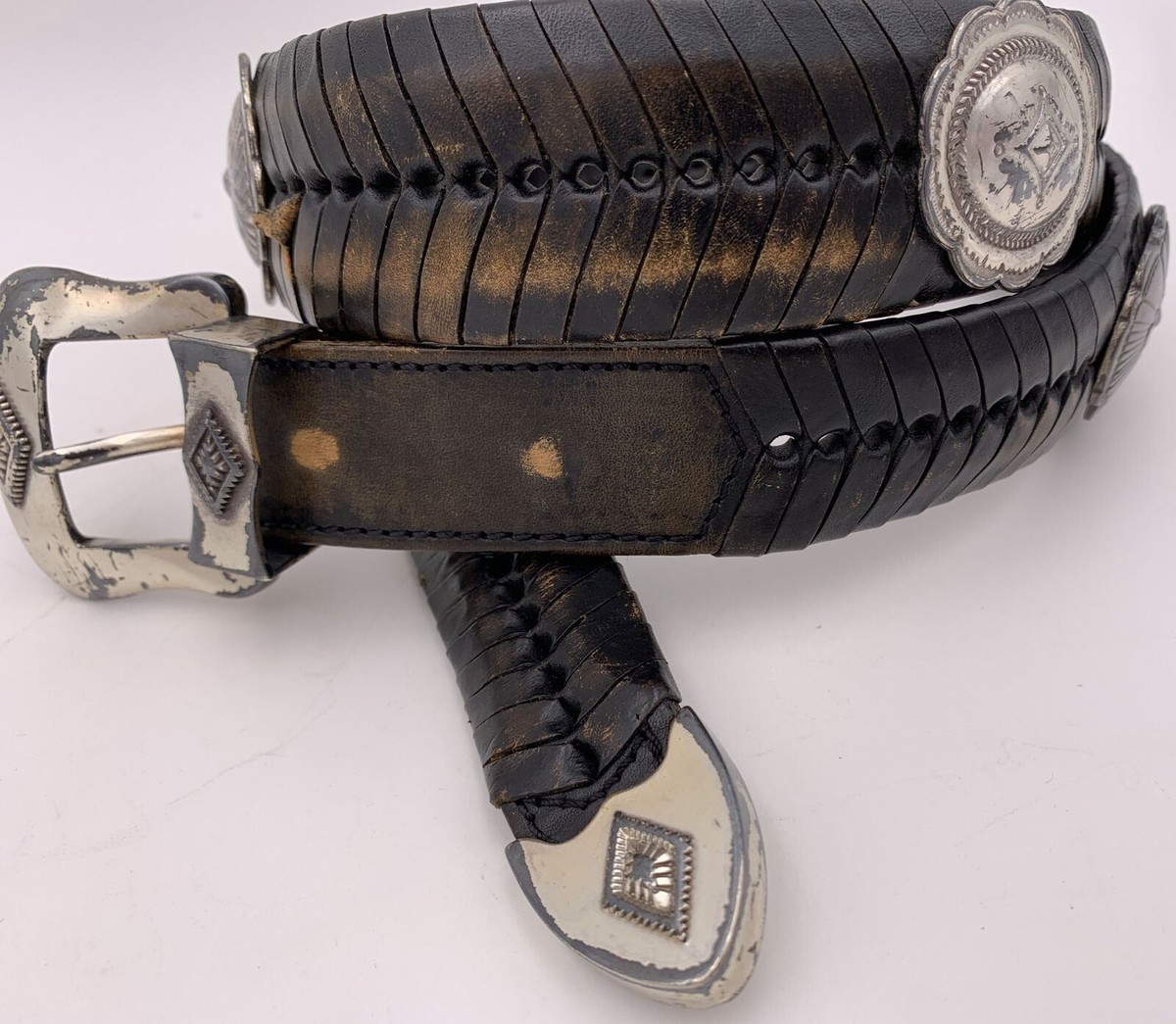 Mens Dark Brown Braided Woven Belt With Silver Tone Concho  display picture 3
