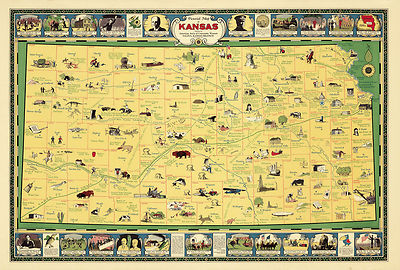 Early Pictorial map Kansas American Association of University Women Wall Poster