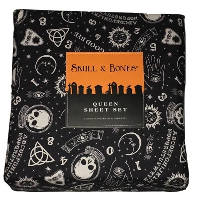 4pc Skull & Bones Halloween Ouija Board QUEEN Sheet Set Psychic Palm Celestial