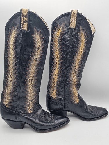Vintage Larry Mahan Black Snakeskin Knee High Almond Toe Cowgirl Boots Size 7 B - Picture 2 of 14