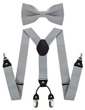 Solid Color Suspender and Silk Bow Tie Sets for Men Silver