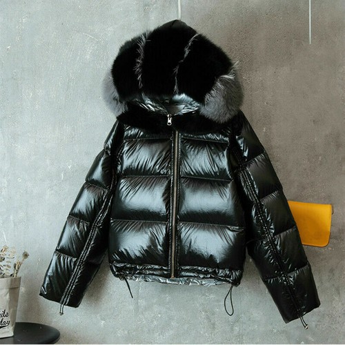 Lady Duck Down Coat Fur Hooded Parka Warm Jacket Puffer Shiny Ski Winter Fashion - Picture 6 of 14