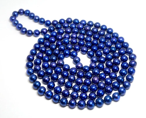 VERY LONG ! HEAVY DEEP BLUE FAUX IMMITATION PEARLS STONE ROUND BEADS NECKLACE