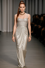 Mignon Gown Silver Champagne sz 12 Gathered Waist Prom Red Carpet Gala Elegant