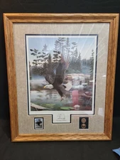 Leo Stans Boundary Waters Eagle Signed Lithograph w/ Stamp, Coins Framed