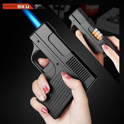 lighter with cigarette holder CIGARETTE STORAGE Jet Flame Lighter Gun/Pistol Cigar Case Gift Butane Pipe  BBQ