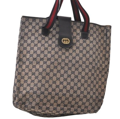 Authentic GUCCI Sherry Line Shoulder Tote Bag GG Canvas Leather Navy Blue 924AA