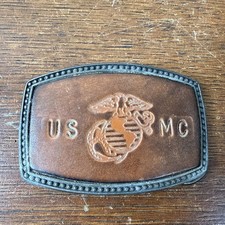 VTG UNITED STATES MARINE CORPS PEWTER LEATHER BELT BUCKLE