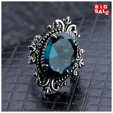 Aesthetic Pattern Big Oval Blue CZ Vintage Rings Women Fancy Birthday Gift Retro