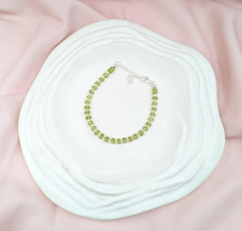 Green Peridot 3-4MM Faceted Rondelle Gemstone Beaded Silver Filled Bracelet 6-8" - Image 4 of 4