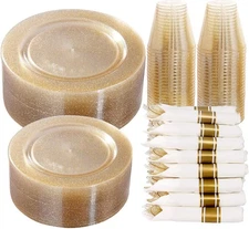 350 Pieces Gold Glitter Dinnerware Set 50 Guest for Party- 50 Dinner Plates, 