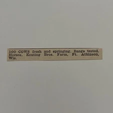 Keating Bros. Farm Cows Fresh Ft. Atkinson WI 1940 Racine WI Clipping SAH5-S35