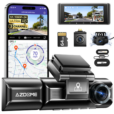 AZDOME 3CH Dash Cam 4K+1K+2.5K WiFi GPS Front+Cabin+Rear Park Mode+Hardwire Kit
