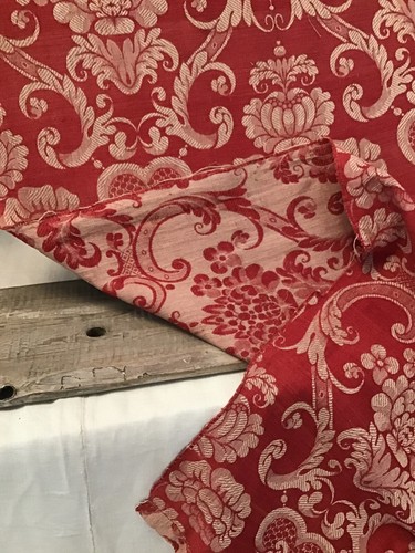 Antique French Linen & Silk Damask Fabric Red Tan Upholstery Pillows Decor - Picture 6 of 8