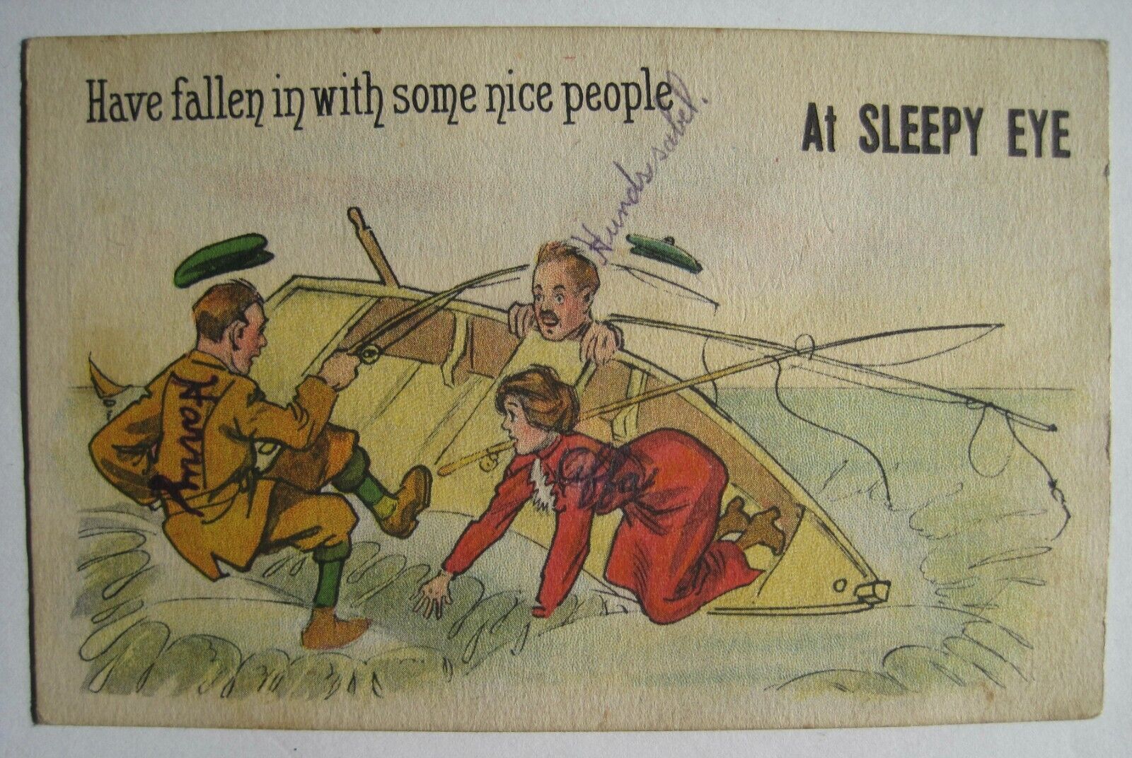Sleepy Eye MN Falling Off Boat Old 1910s Minnesota Greetings Humor Postcard