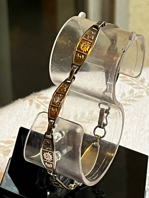 18K Solid Gold and 925 Sterling Silver Moon Sun Star Panel Link Bracelet 7.5'' 6g