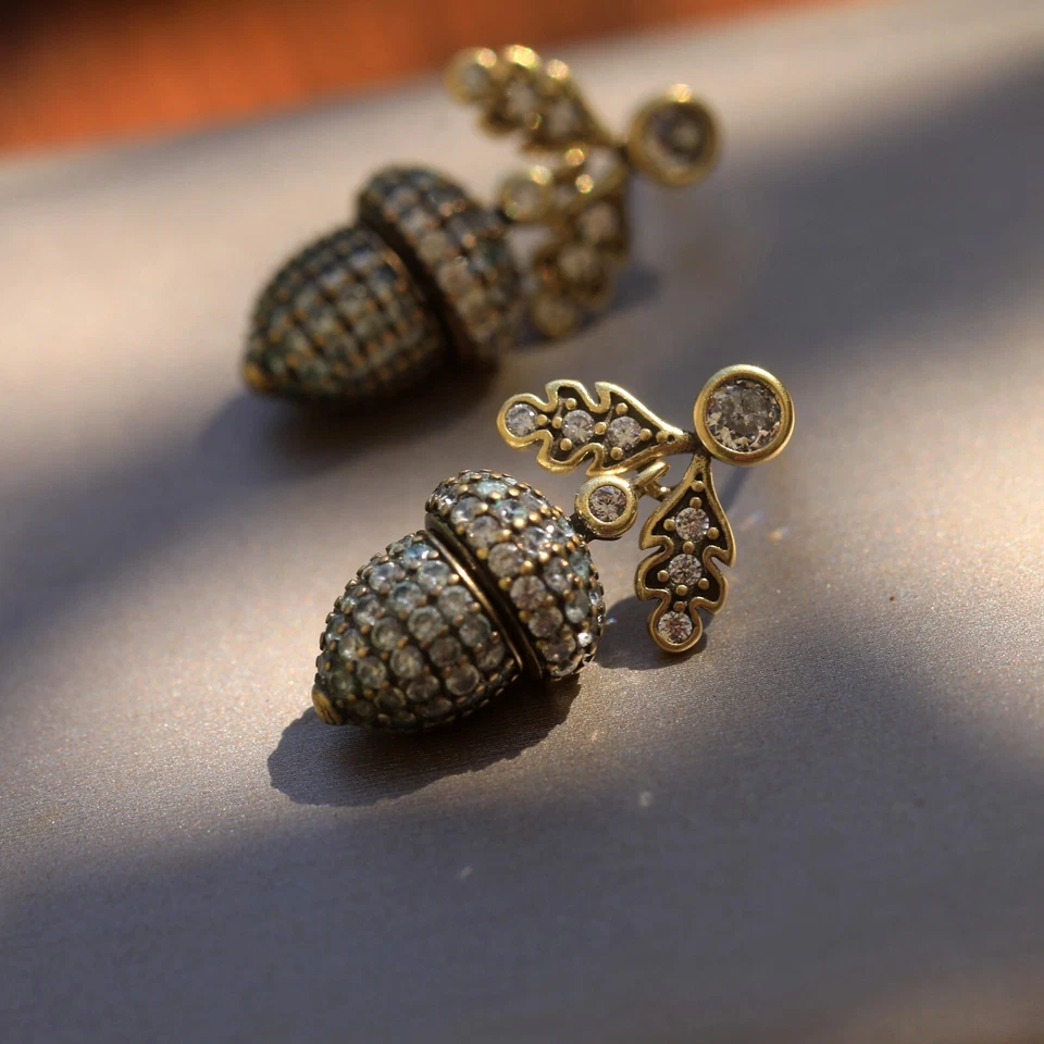 Earrings Studs Antique Gold Acorn Tassel Set with White CZ SC1 - Image 2 of 4