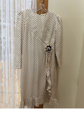 RAZOOKS VTG Women Dress Beige  Black Polka Dots Ruffels Long Sleeves S 12 Zipper